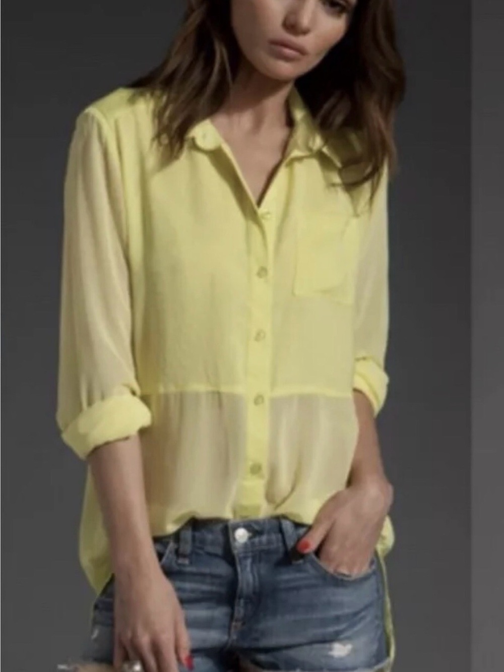 Free People Pale Yellow Sheer Button-Front Blouse